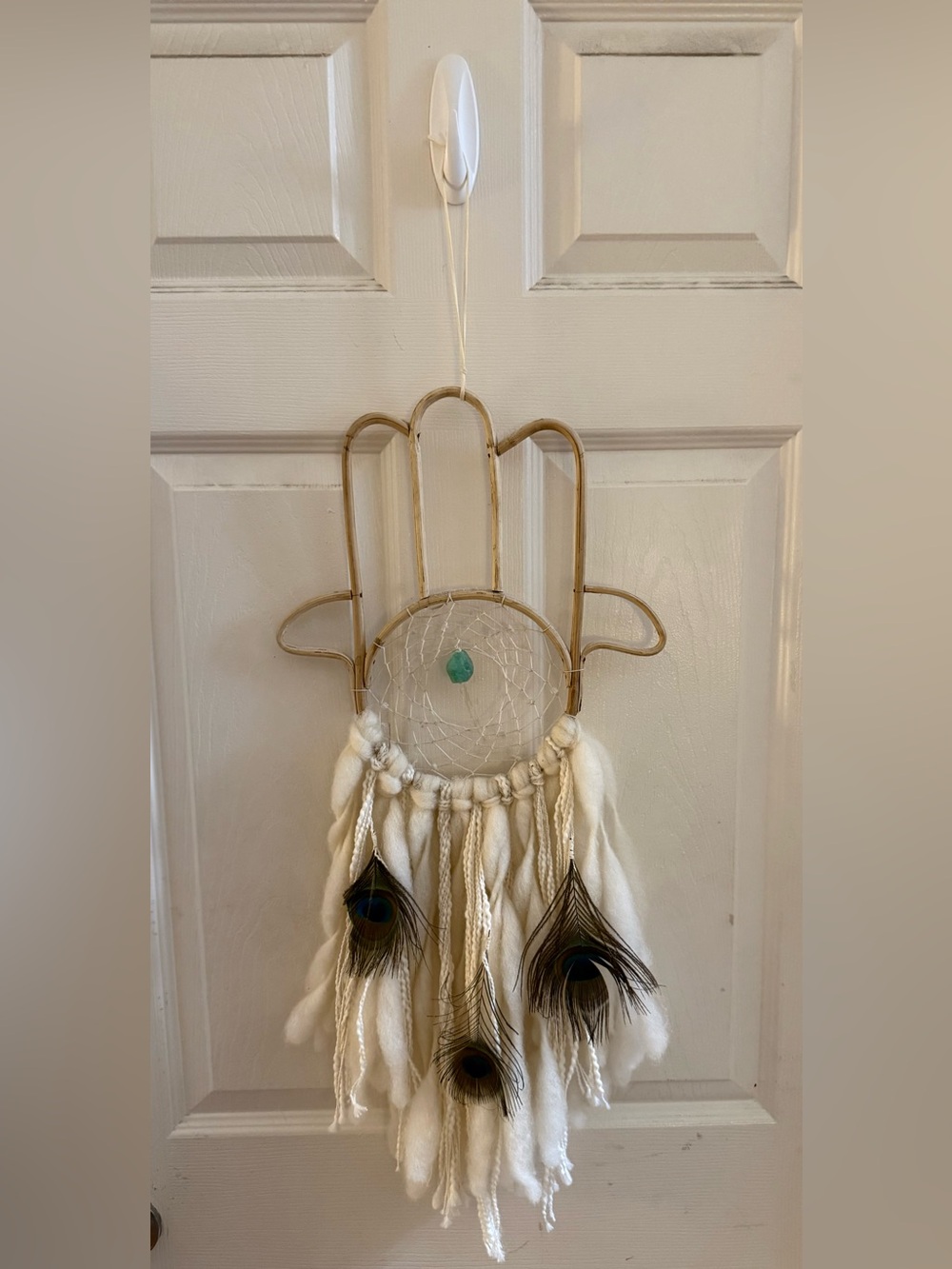 Boho Hamsa Dreamcatcher Wall Hanging in Cream with Teal Stone